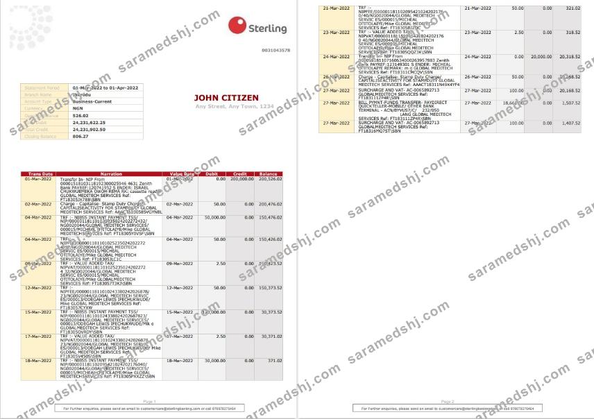 Nigeria Sterling bank statement